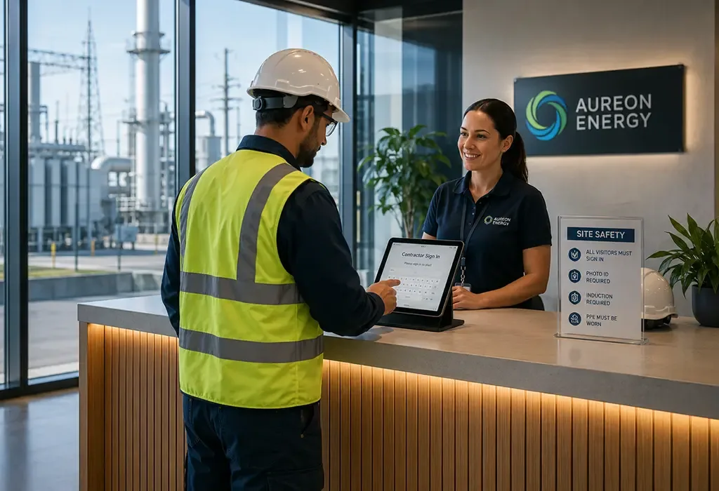 Contractor completing digital sign-in at an energy facility reception desk