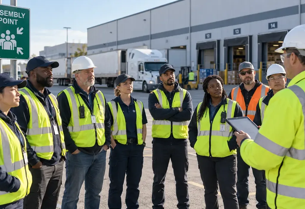 Transport and logistics staff gathered at an emergency assembly point outside a busy warehouse facility