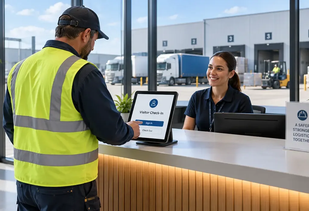 Transport and logistics worker at a warehouse facility using Teamgo visitor management.
