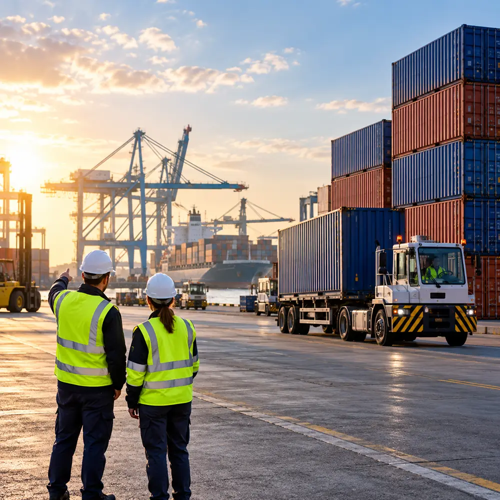 Port and transport terminal with shipping containers, trucks and workers managing container movements