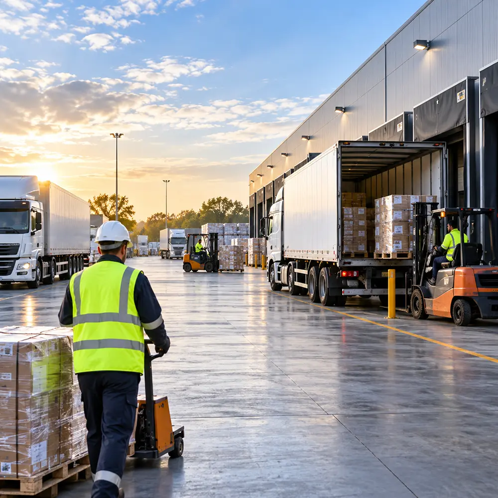 Warehouse and distribution centre with trucks, pallets and workers loading freight