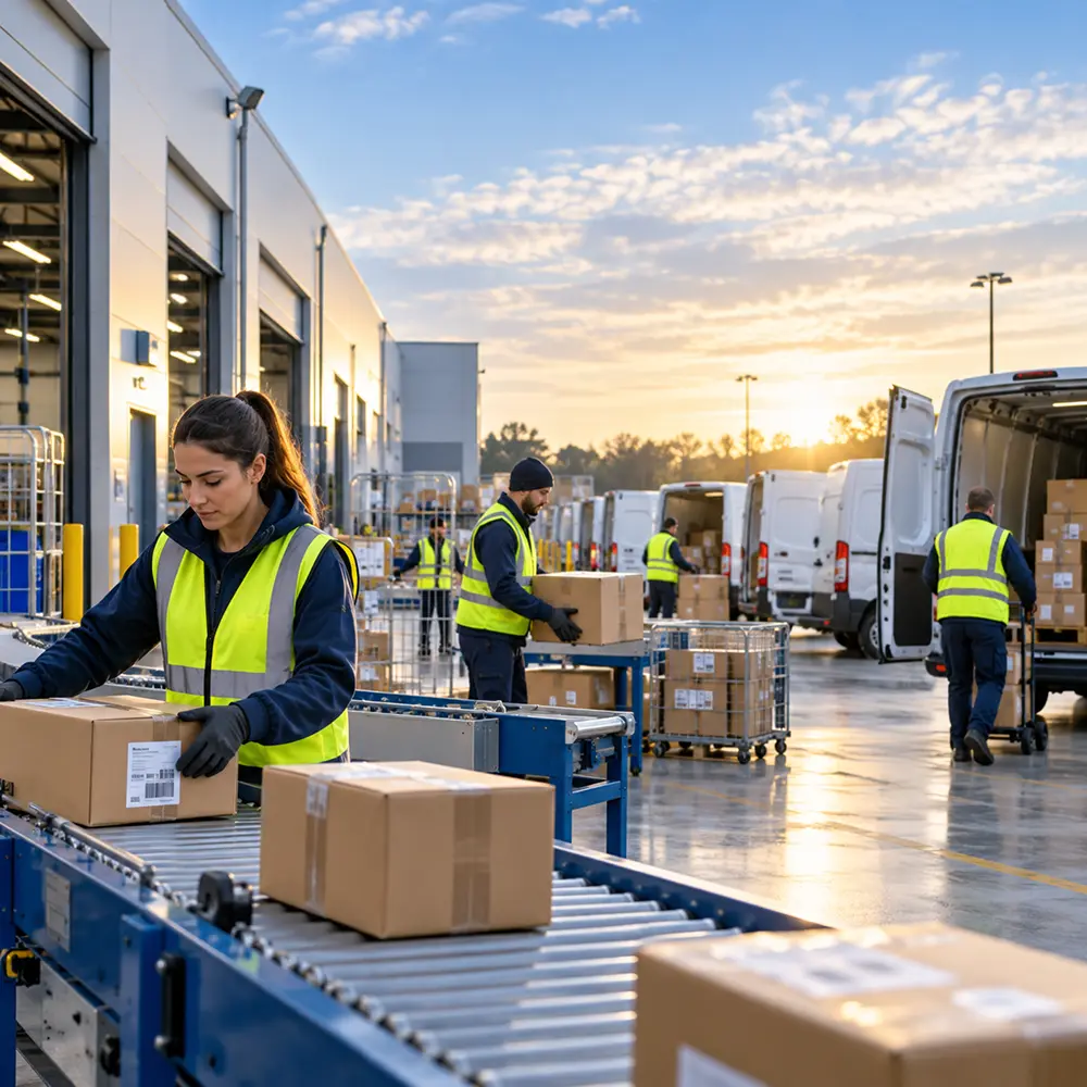 Courier and delivery facility with workers sorting parcels beside delivery vans and conveyors.
