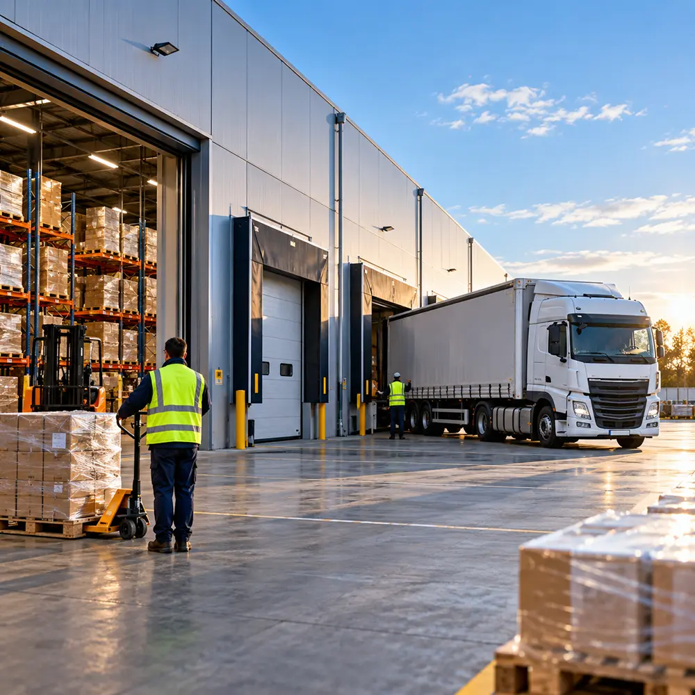 Freight and logistics depot with a truck at a loading dock and staff moving palletised goods