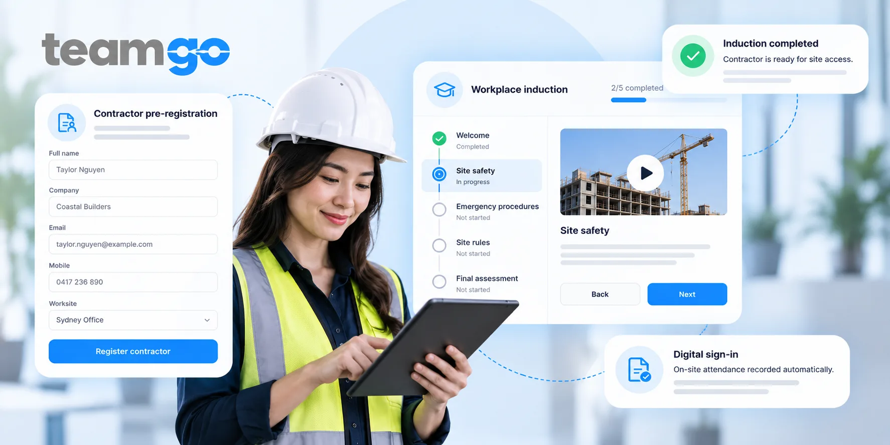 Teamgo contractor management software showing digital pre-registration, workplace safety inductions and contractor sign-in across multiple worksites - How to Manage Contractors Across Multiple Worksites