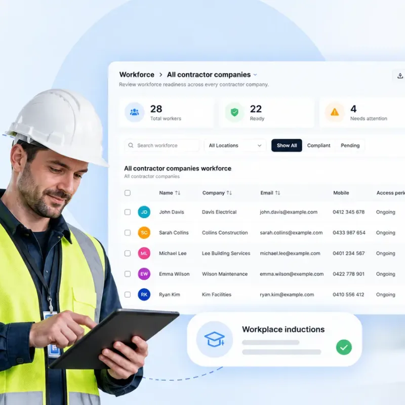 Teamgo contractor management software helping businesses manage contractors across multiple worksites with centralised workforce records, compliance tracking and site visibility.