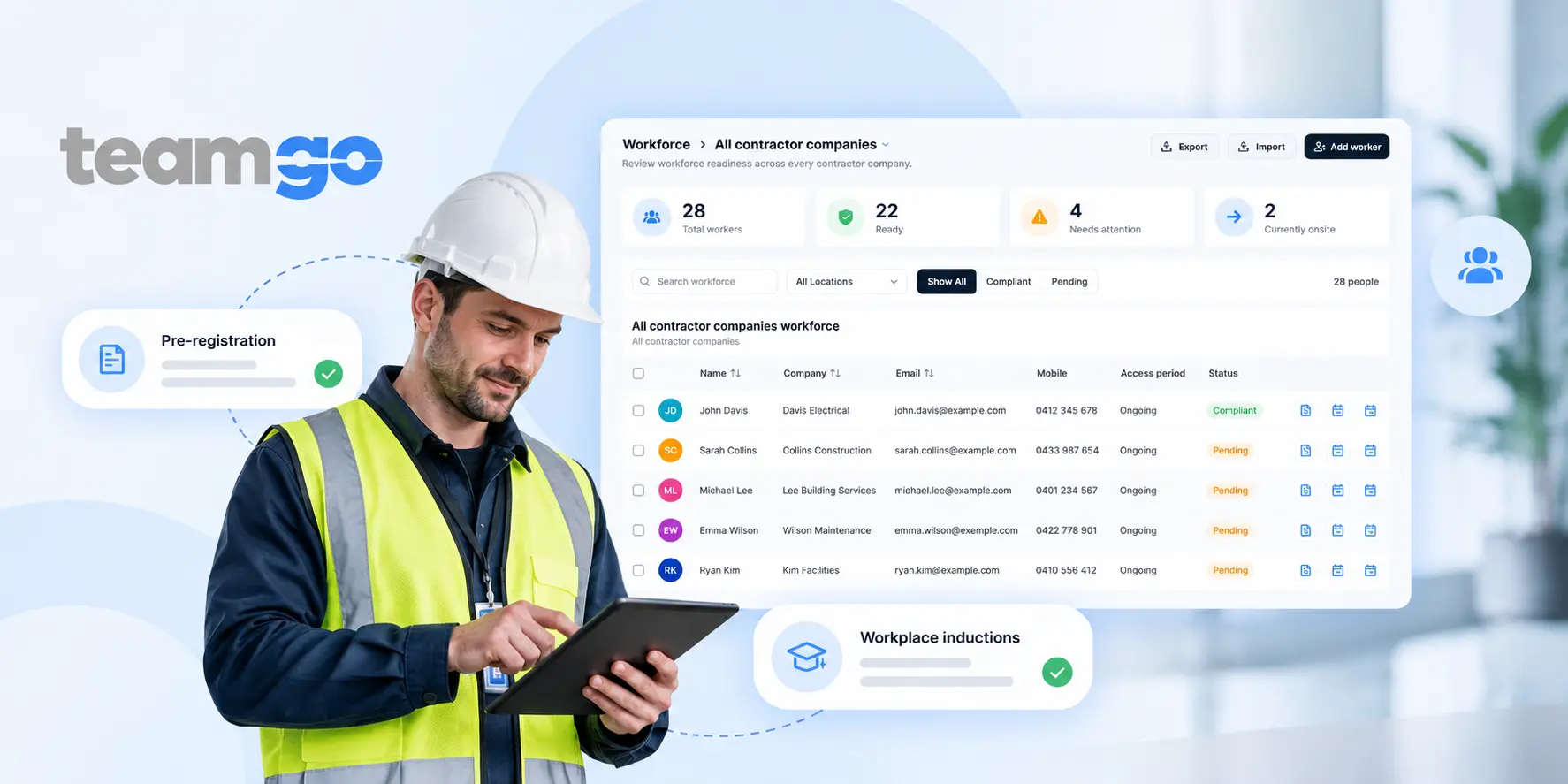 Teamgo contractor management software helping businesses manage contractors across multiple worksites with centralised workforce records, compliance tracking and site visibility - How to Manage Contractors Across Multiple Worksites