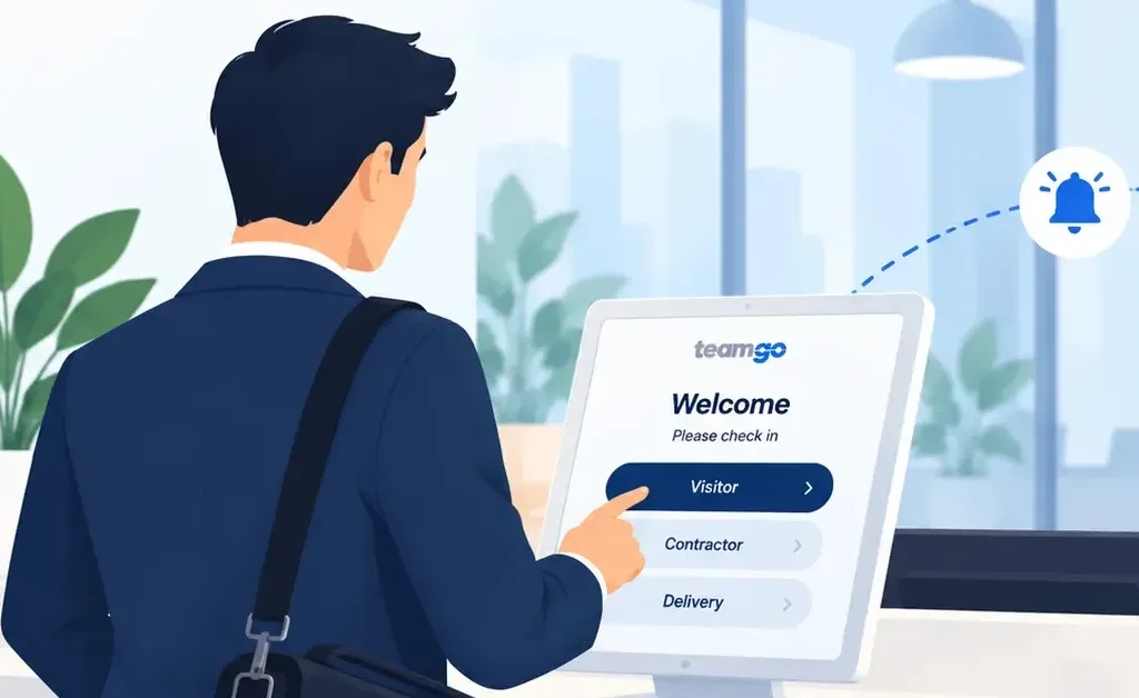 Illustration of a visitor checking in at a Teamgo digital kiosk while an employee receives an automated visitor arrival notification on their phone.