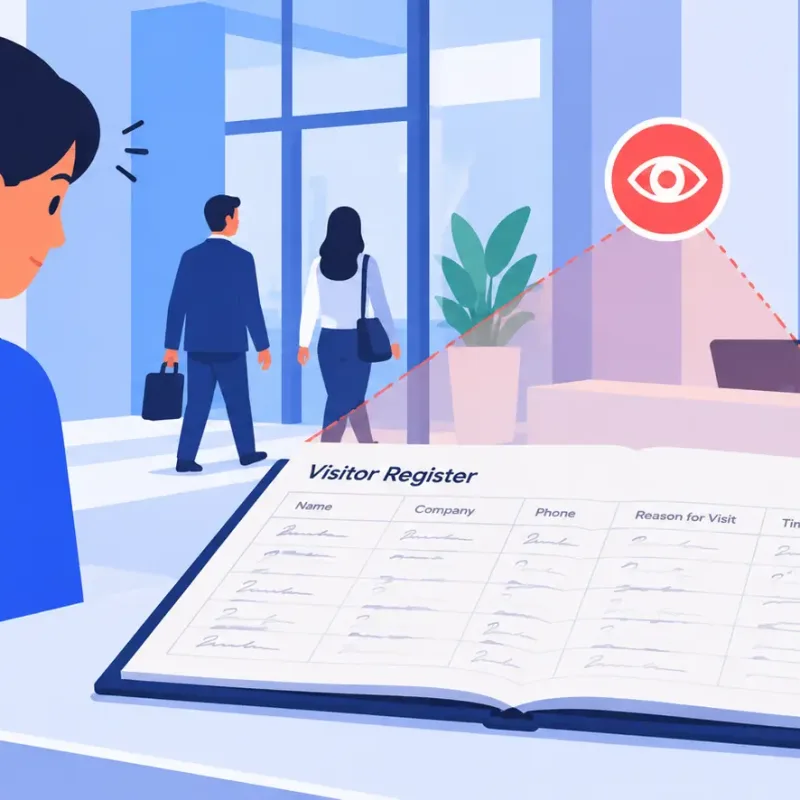 Illustration of an open paper visitor sign-in book at a workplace reception, highlighting the risk of exposing visitors' personal information.